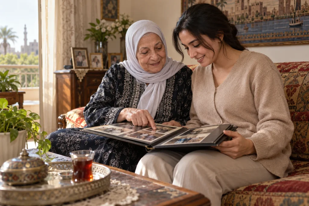 مرافقة تشارك سيدة مسنة قراءة ألبوم صور عائلية