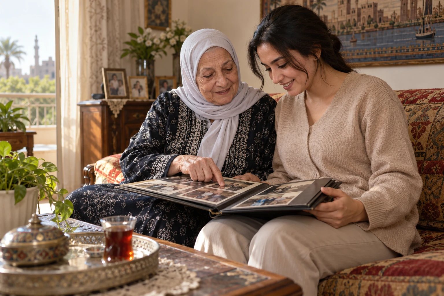 مرافقة تشارك سيدة مسنة قراءة ألبوم صور عائلية