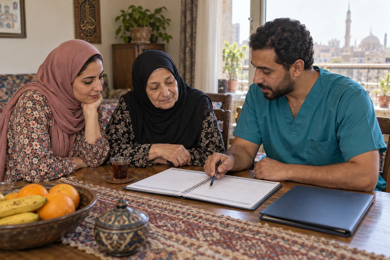 أسرة وممرض يناقشون تنظيم خطة الرعاية اليومية