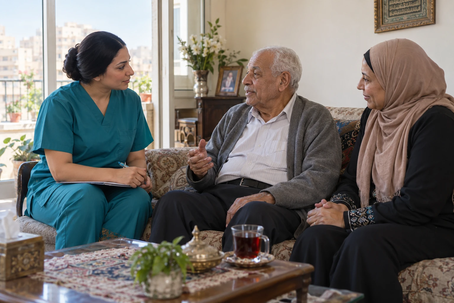 ممرضة تستمع إلى رجل مسن وأسرته لتوضيح احتياجات الرعاية المنزلية
